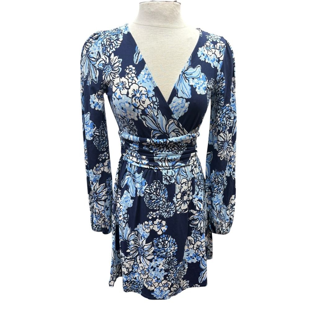 Lilly Pulitzer Riza Floral Wrap Romper Dress Blue Long Sleeve Surplice Stretch S